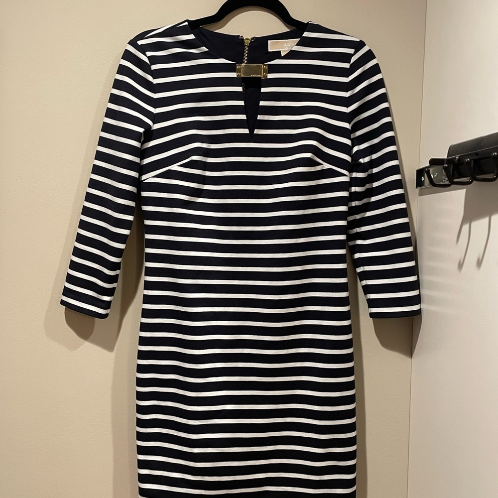 MICHAEL Michael Kors Navy and White Striped 3/4 Sleeve Dress